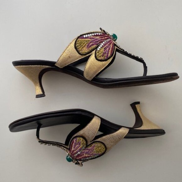 VTG Donald J Pliner Violeta gold dragonfly kitten heel slip on sandals size 9 m - Picture 3 of 8